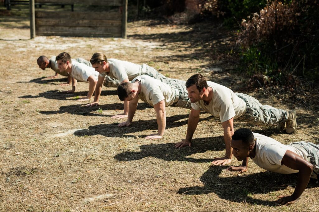 Soldiers performing push-ups during Army physical training