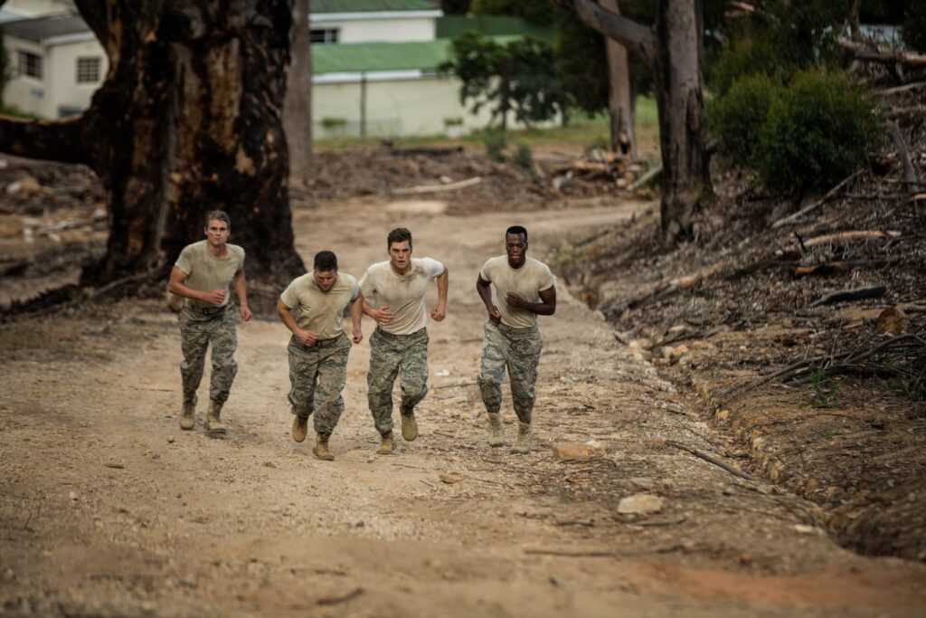 Soldiers running during military fitness training