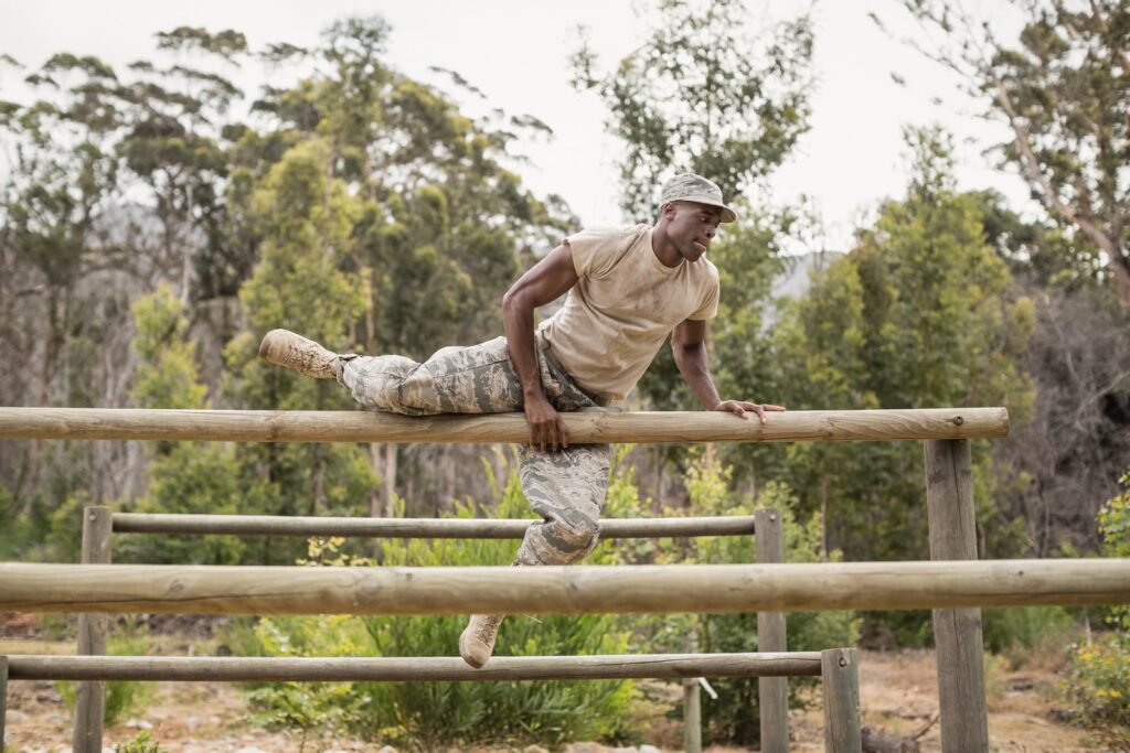 Soldier training on an outdoor Army fitness trail